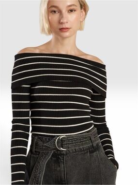 Active USA Black & White Striped Off-Shoulder Ribbed Sweater